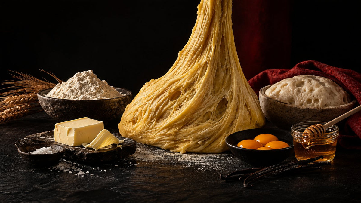 Impasto lievitato che si allunga, con farina, burro, tuorli e miele