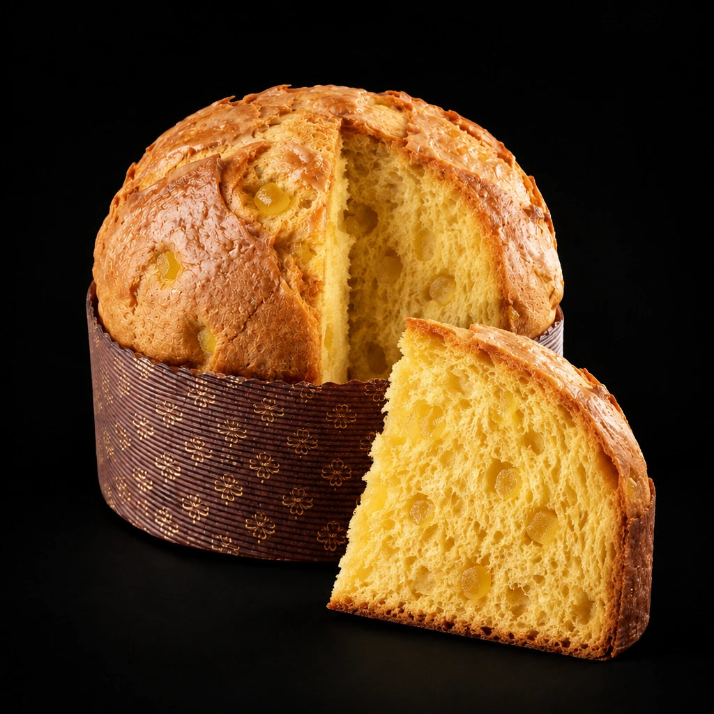Panettone al limone con una fetta e mollica gialla